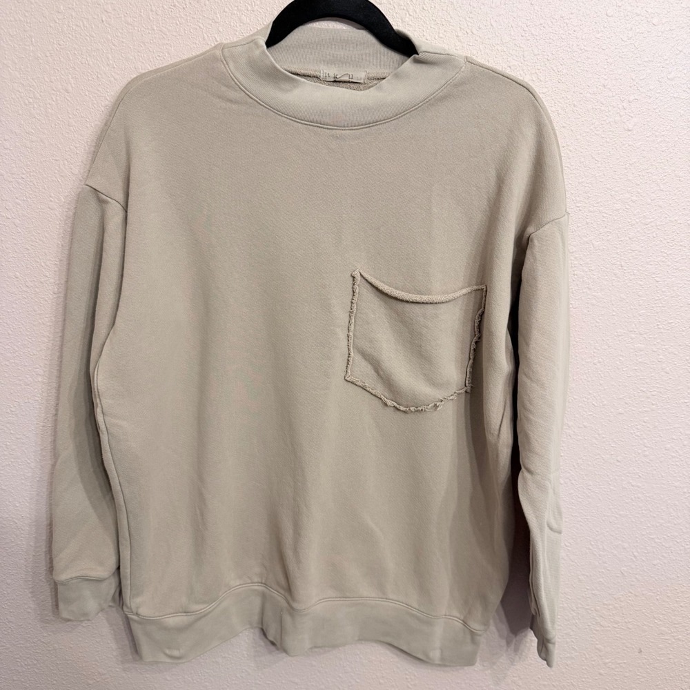 It Is Well LA Womens Cotton French Terry Mock Neck Pocket Sweatshirt Khaki Small